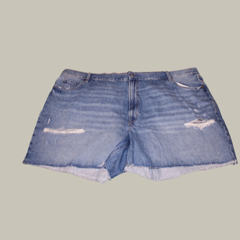 Old Navy High Rise Slouchy Straight Denim Shorts Blue Distressed Raw Hem Size 28